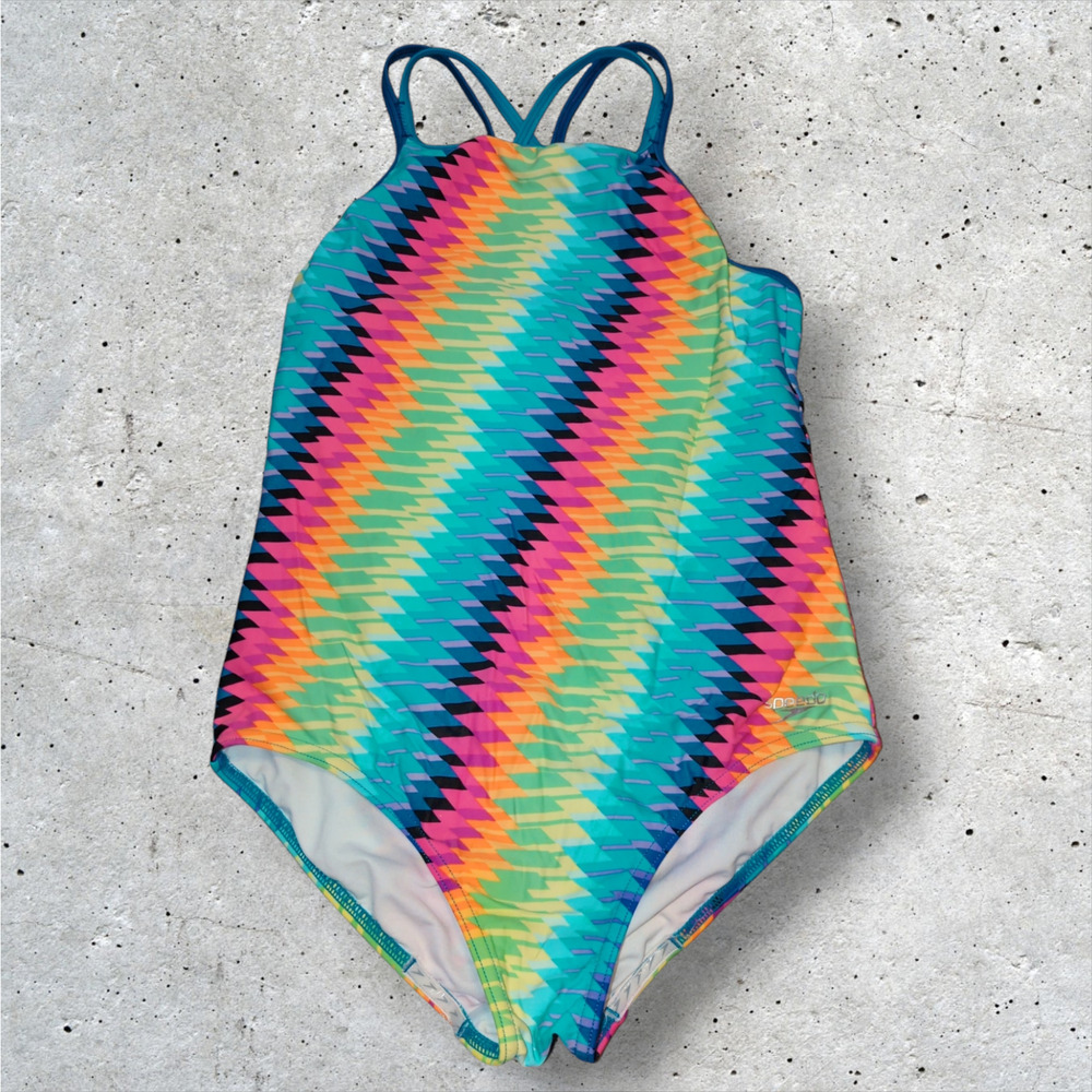 SPEEDO Girls 16 Rainbow Geometric Chevron One Piece Swimsuit Double Strap FLAW